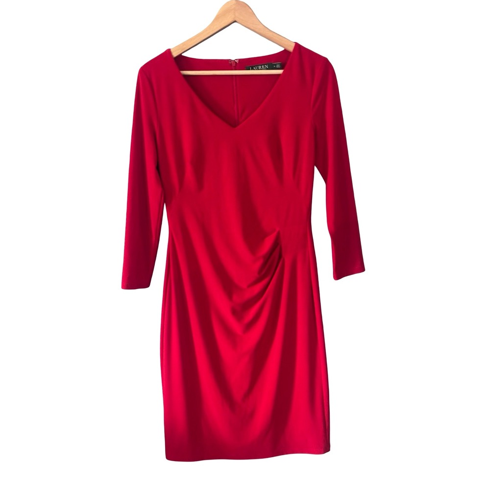 Lauren Ralph Lauren Red Ruched‎ V-Neck Sheath Dress Size 4